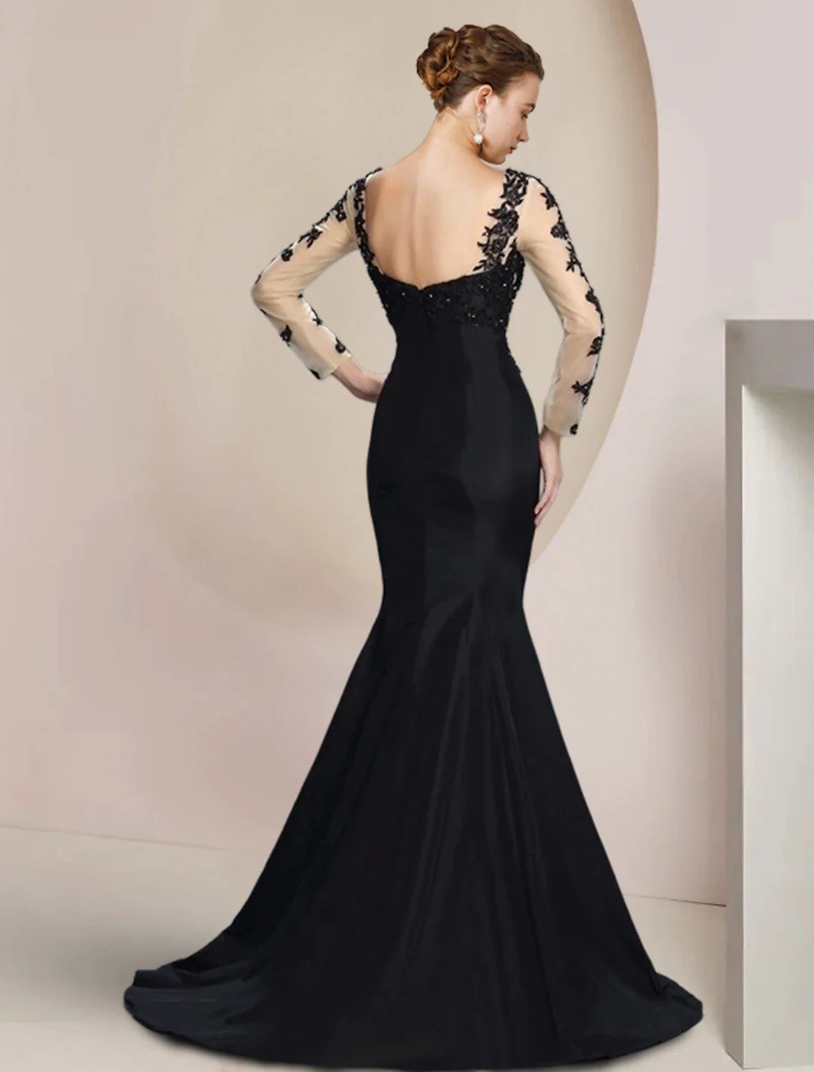 Wholesale Mermaid / Trumpet Mother of the Bride Dress Formal Wedding Guest Party Elegant Jewel Neck Floor Length Satin Lace Long Sleeve with Appliques
